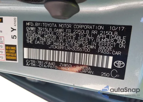 2017 Toyota Prius Two from USA, damaged, VIN JTDKBRFUXH3055700